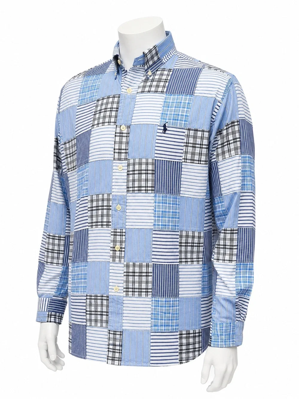 Vintage Ralph Lauren Blaire Blue White Grey Plaid Madras Patchwork LS Shirt SM